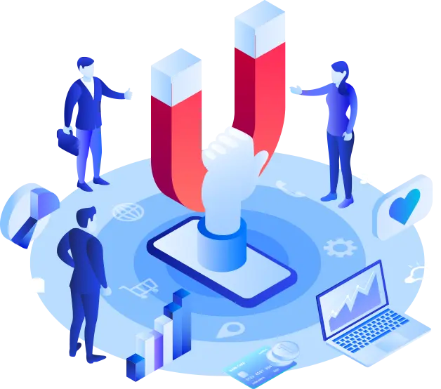 Illustration of people working with data charts and graphs