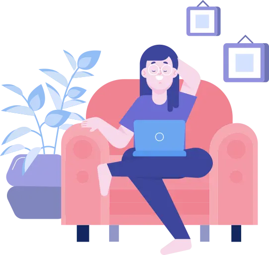 Illustration of a woman on a couch with a laptop, with charts and icons floating around her.